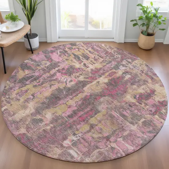 8' Blush And Wheat Round Abstract Washable Indoor Outdoor Area Rug Photo 7