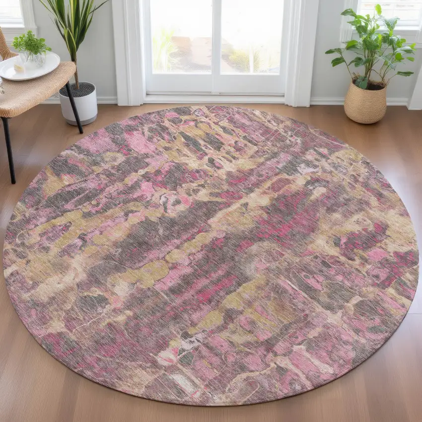 8' Blush And Wheat Round Abstract Washable Indoor Outdoor Area Rug Photo 7