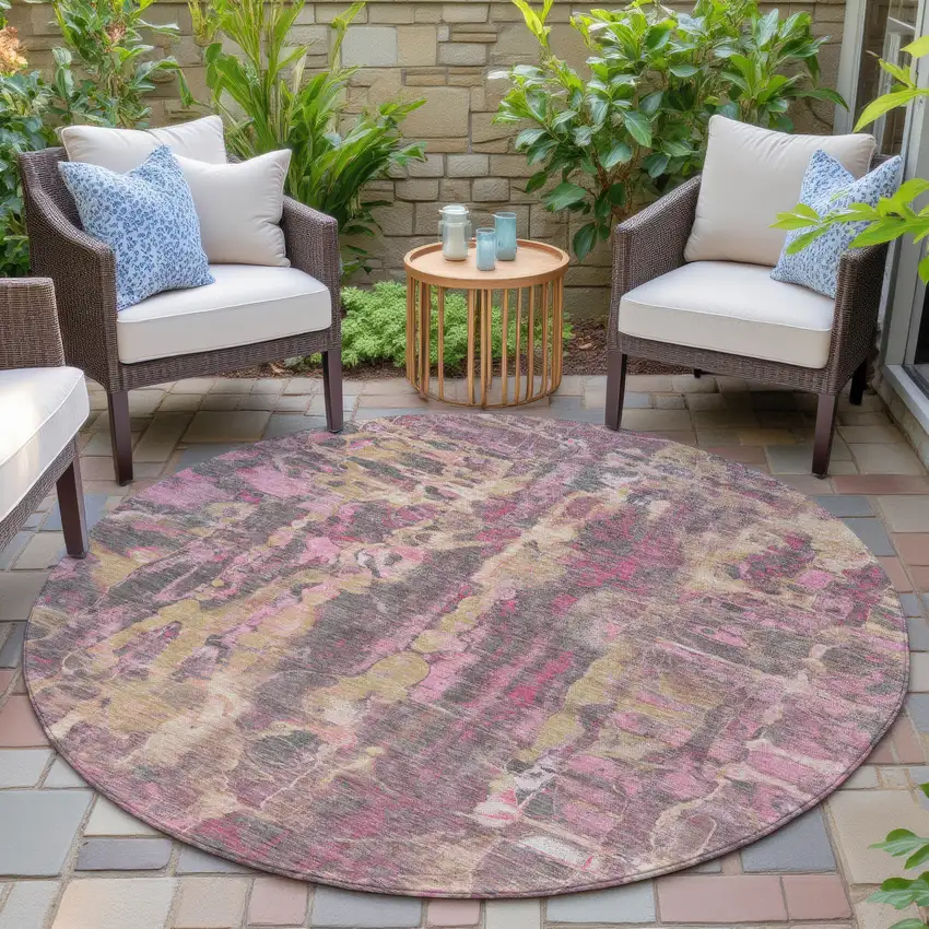 8' Blush And Wheat Round Abstract Washable Indoor Outdoor Area Rug Photo 6
