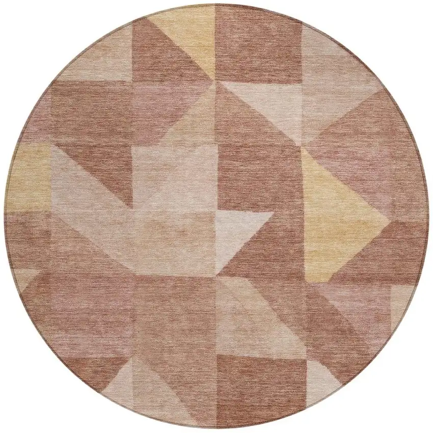 8' Blush And Wheat Round Geometric Washable Indoor Outdoor Area Rug Photo 3
