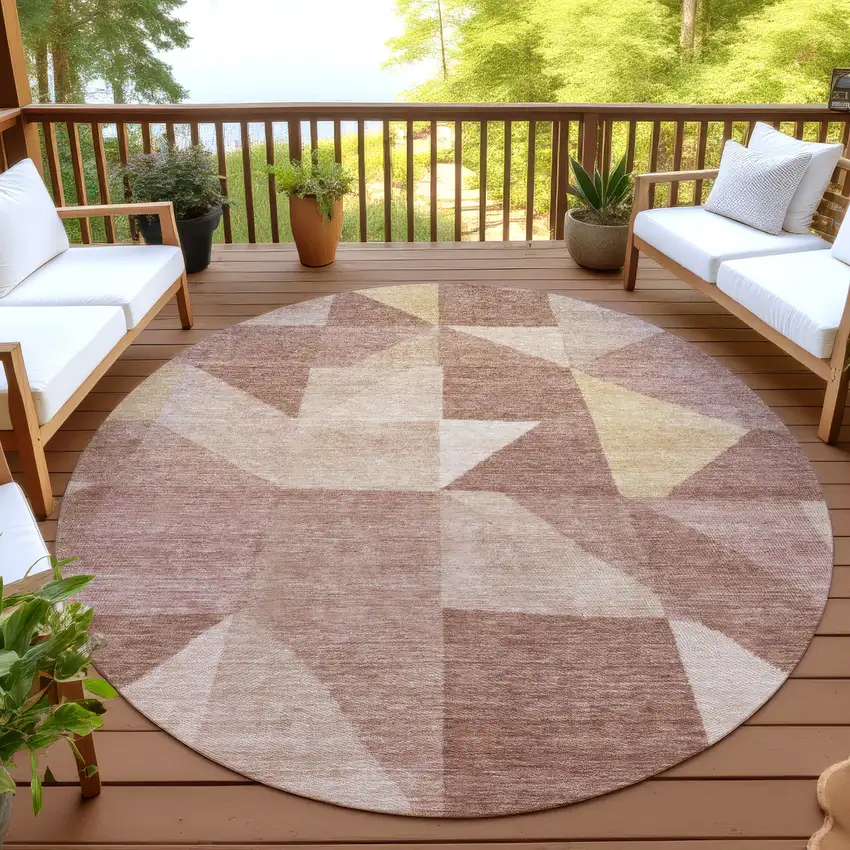 8' Blush And Wheat Round Geometric Washable Indoor Outdoor Area Rug Photo 4