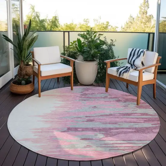 8' Blush Beige And Gray Round Abstract Washable Indoor Outdoor Area Rug Photo 8