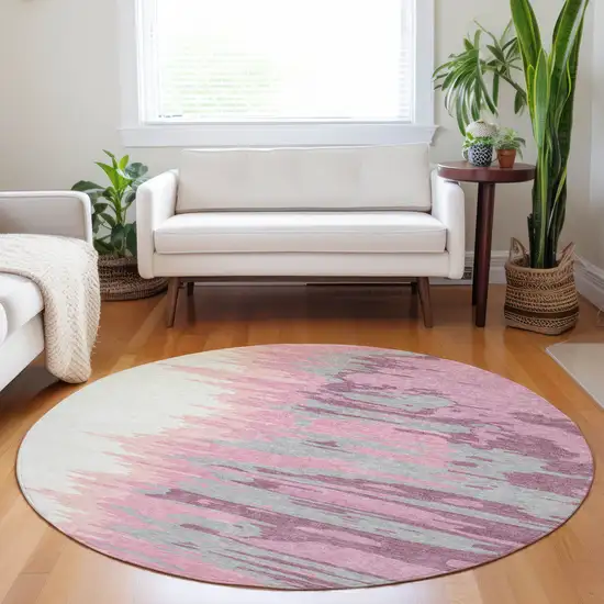 8' Blush Beige And Gray Round Abstract Washable Indoor Outdoor Area Rug Photo 9