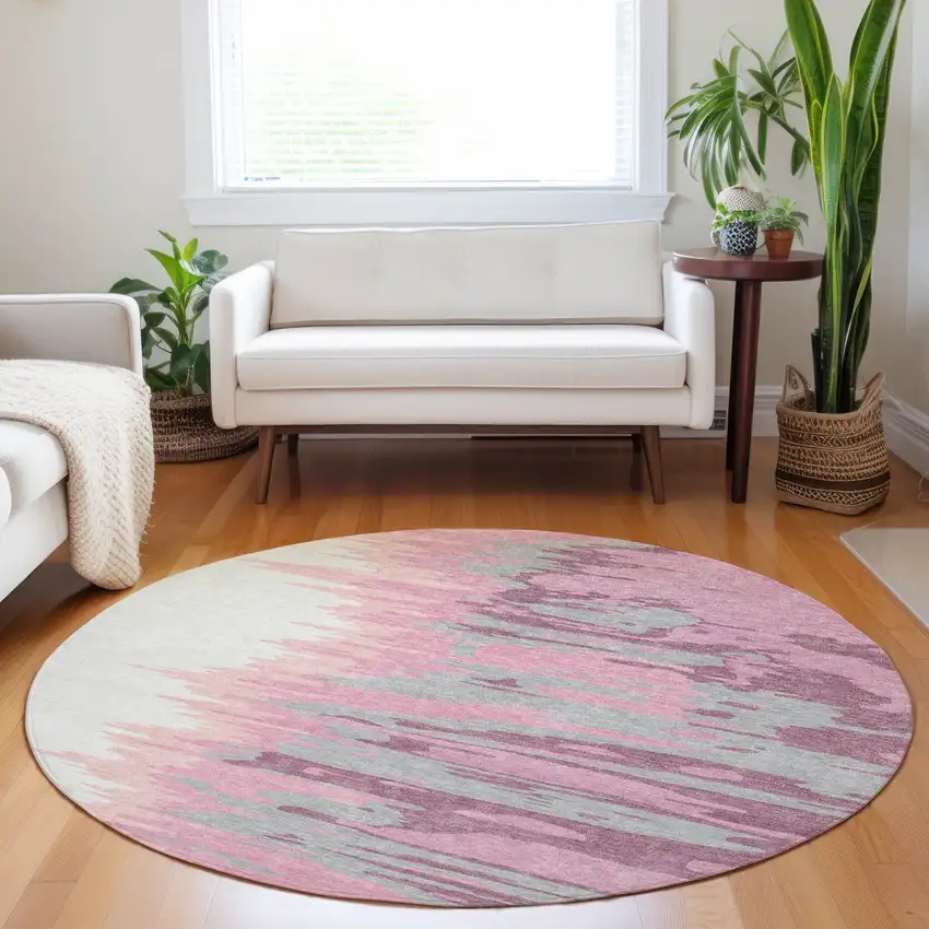 8' Blush Beige And Gray Round Abstract Washable Indoor Outdoor Area Rug Photo 9