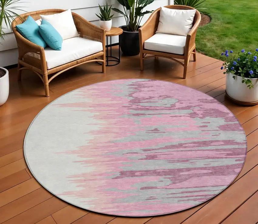 8' Blush Beige And Gray Round Abstract Washable Indoor Outdoor Area Rug Photo 1