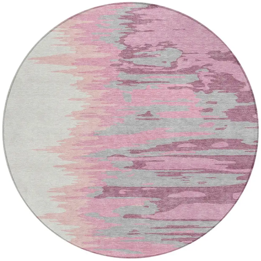 8' Blush Beige And Gray Round Abstract Washable Indoor Outdoor Area Rug Photo 7