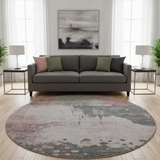 8' Blush Beige And Sage Abstract Washable Round Rug With UV Protection Photo 2