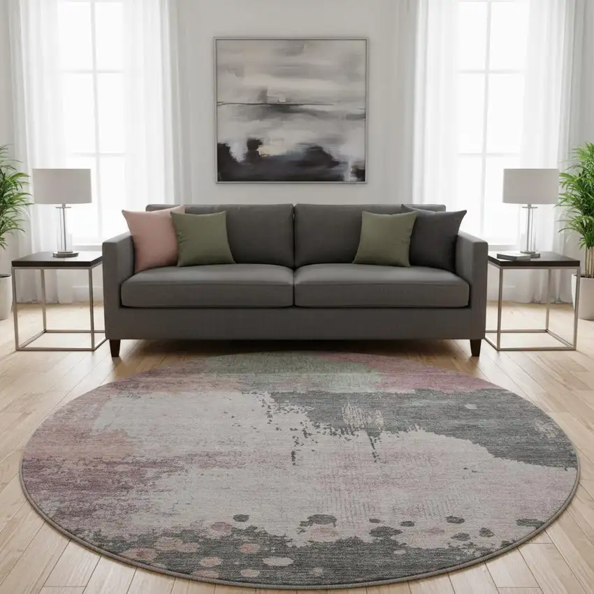 8' Blush Beige And Sage Abstract Washable Round Rug With UV Protection Photo 2