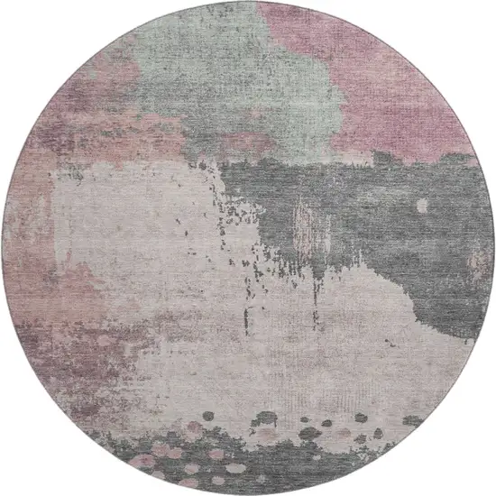 8' Blush Beige And Sage Abstract Washable Round Rug With UV Protection Photo 1