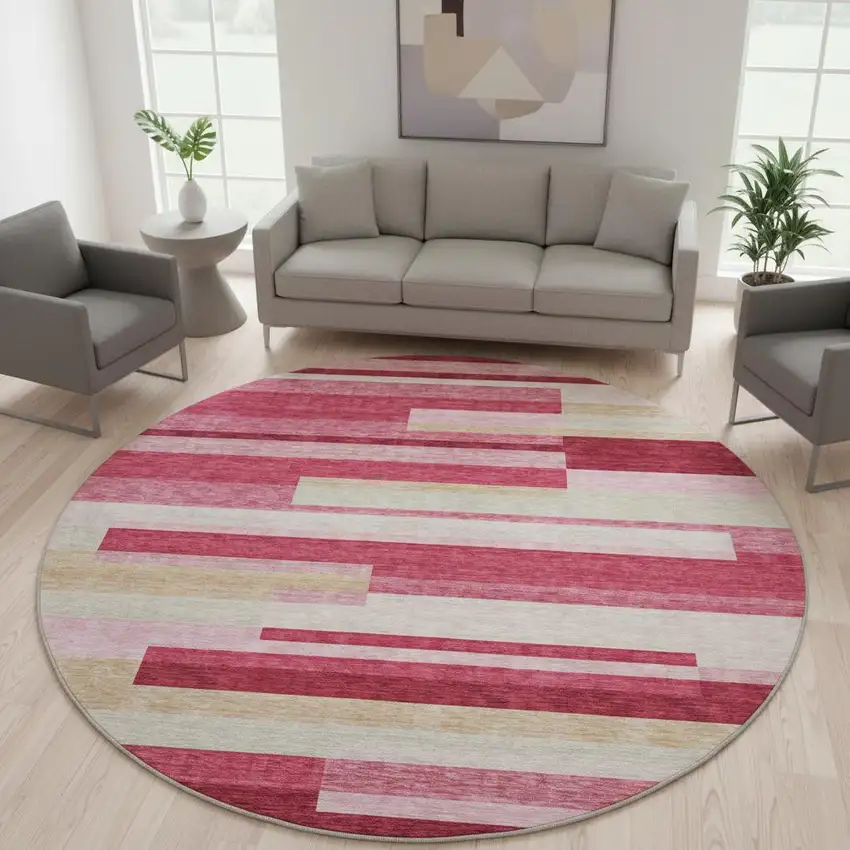 8' Blush Beige And Tan Striped Washable Round Rug With UV Protection Photo 2