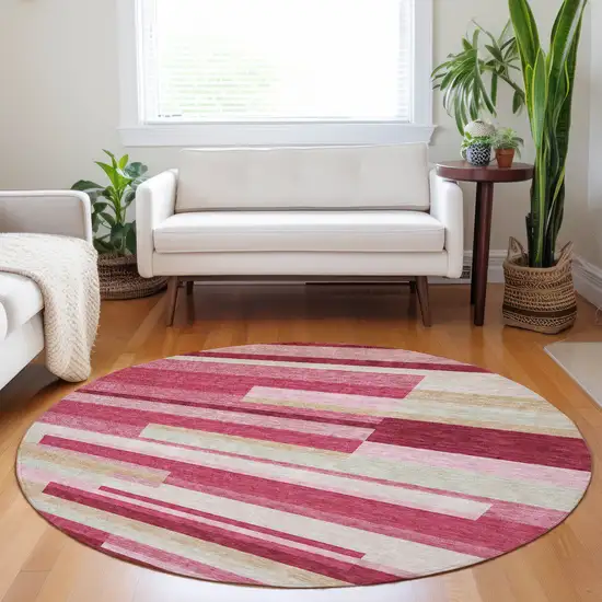 8' Blush Beige And Tan Striped Washable Round Rug With UV Protection Photo 4