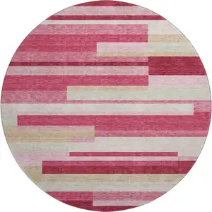 Photo of 8' Blush Beige And Tan Striped Washable Round Rug With UV Protection