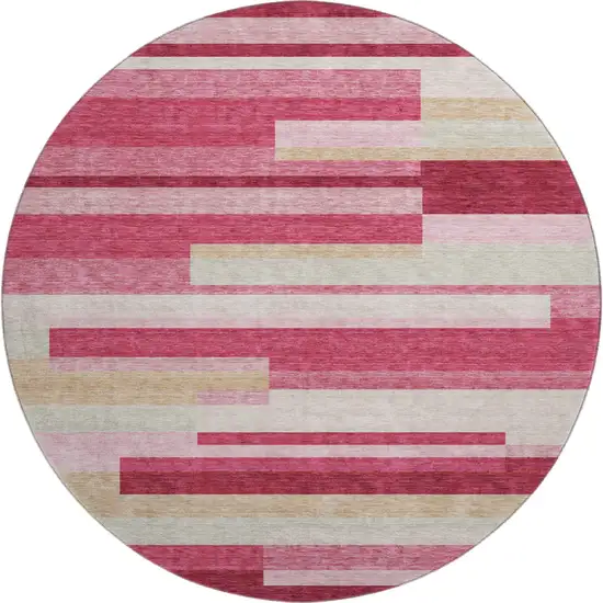 8' Blush Beige And Tan Striped Washable Round Rug With UV Protection Photo 1