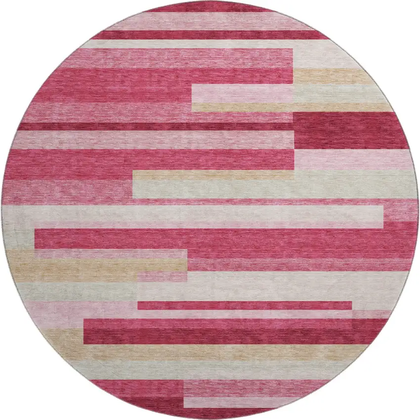 8' Blush Beige And Tan Striped Washable Round Rug With UV Protection Photo 1