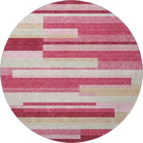 8' Blush Beige And Tan Striped Washable Round Rug With UV Protection Photo 3