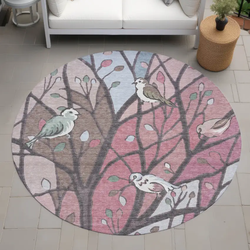 8' Blush Blue And Brown Round Botanical Leaves Washable Indoor Outdoor Area Rug Photo 8