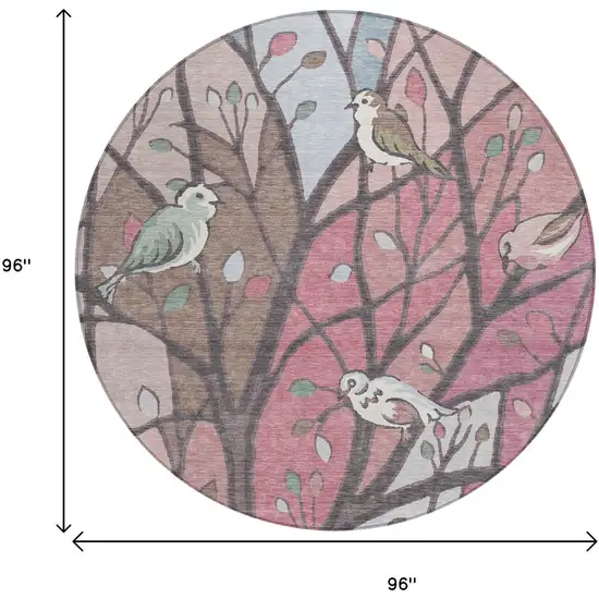 8' Blush Blue And Brown Round Botanical Leaves Washable Indoor Outdoor Area Rug Photo 3