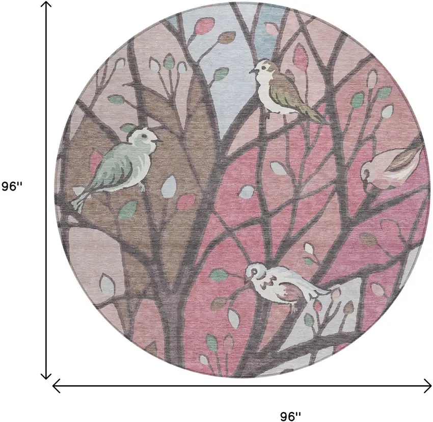 8' Blush Blue And Brown Round Botanical Leaves Washable Indoor Outdoor Area Rug Photo 3