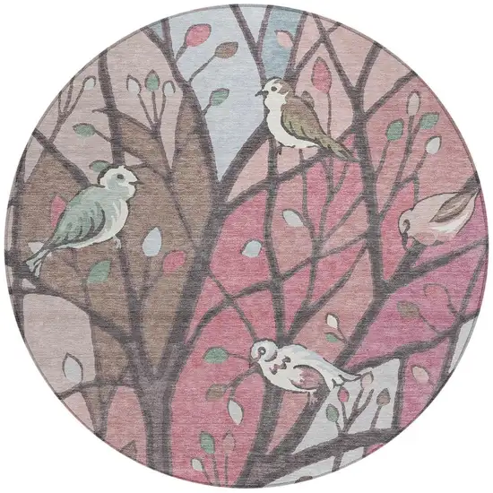 8' Blush Blue And Brown Round Botanical Leaves Washable Indoor Outdoor Area Rug Photo 4