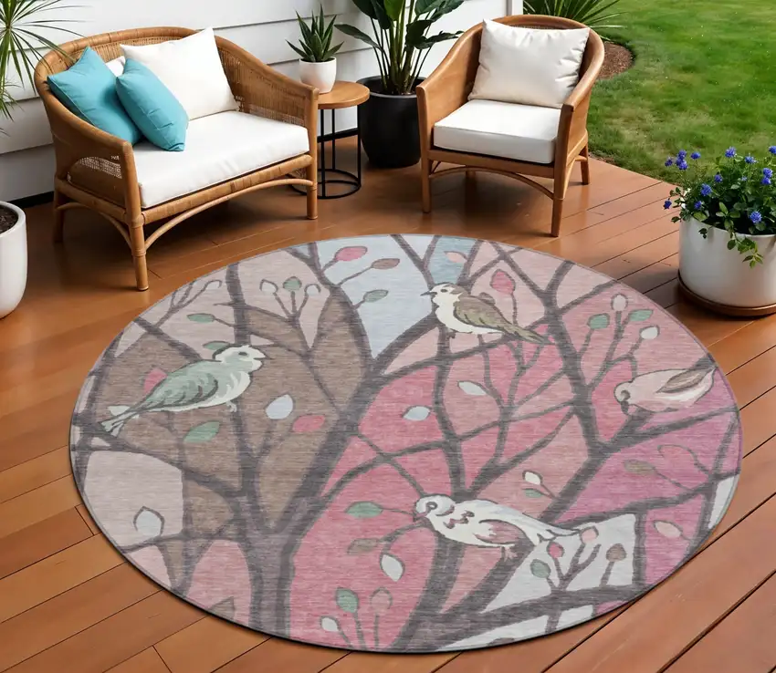 8' Blush Blue And Brown Round Botanical Leaves Washable Indoor Outdoor Area Rug Photo 1