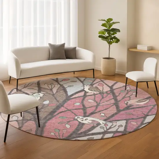 8' Blush Blue And Brown Round Botanical Leaves Washable Indoor Outdoor Area Rug Photo 9