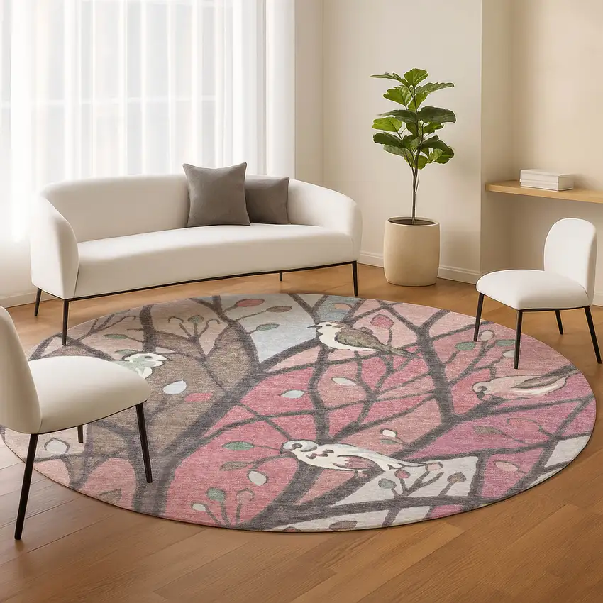 8' Blush Blue And Brown Round Botanical Leaves Washable Indoor Outdoor Area Rug Photo 9