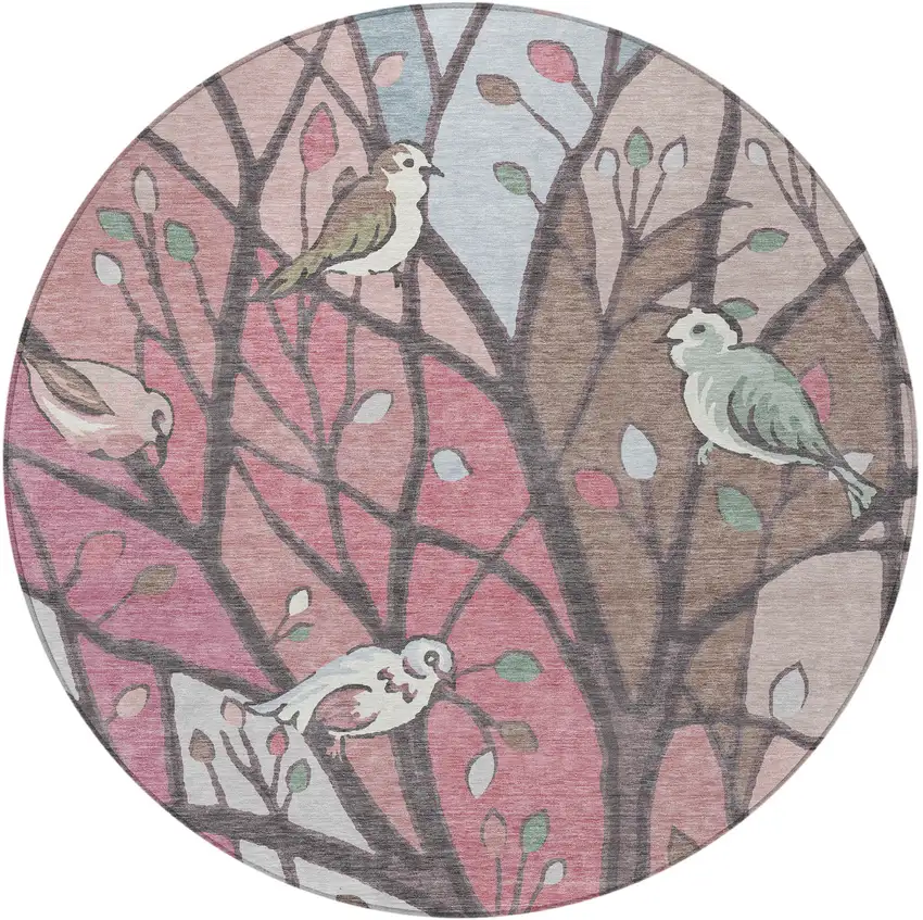 8' Blush Blue And Brown Round Botanical Leaves Washable Indoor Outdoor Area Rug Photo 5