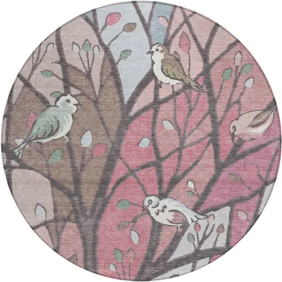 8' Blush Blue And Brown Round Botanical Leaves Washable Indoor Outdoor Area Rug Photo 2