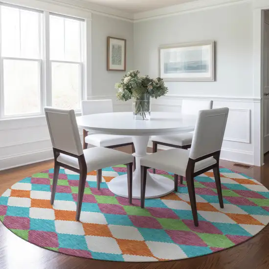 8' Blush Blue And Copper Round Geometric Washable Indoor Outdoor Area Rug Photo 8
