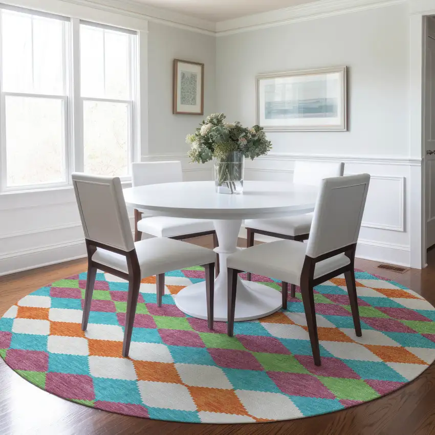 8' Blush Blue And Copper Round Geometric Washable Indoor Outdoor Area Rug Photo 8
