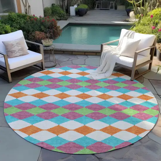 8' Blush Blue And Copper Round Geometric Washable Indoor Outdoor Area Rug Photo 7