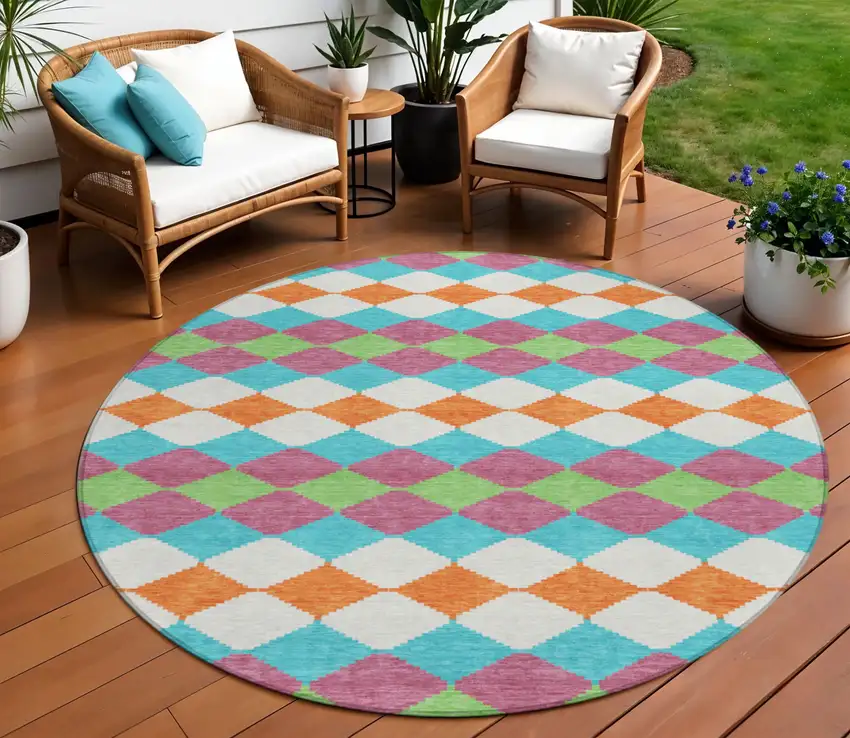 8' Blush Blue And Copper Round Geometric Washable Indoor Outdoor Area Rug Photo 1