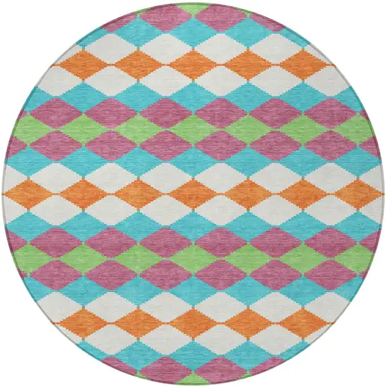8' Blush Blue And Copper Round Geometric Washable Indoor Outdoor Area Rug Photo 6