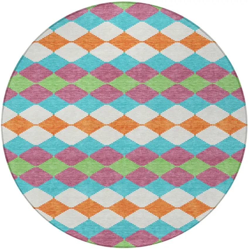 8' Blush Blue And Copper Round Geometric Washable Indoor Outdoor Area Rug Photo 6