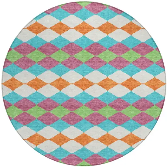8' Blush Blue And Copper Round Geometric Washable Indoor Outdoor Area Rug Photo 5