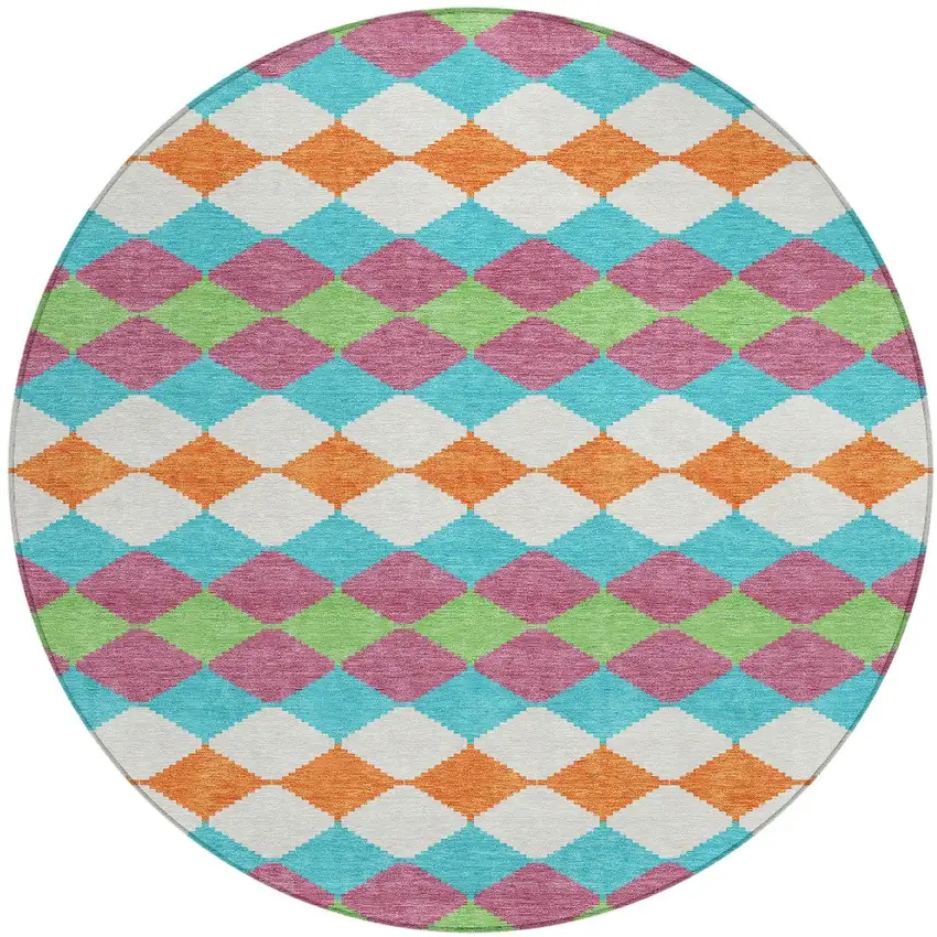 8' Blush Blue And Copper Round Geometric Washable Indoor Outdoor Area Rug Photo 5