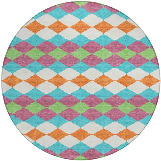 8' Blush Blue And Copper Round Geometric Washable Indoor Outdoor Area Rug Photo 2