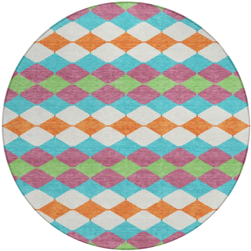 8' Blush Blue And Copper Round Geometric Washable Indoor Outdoor Area Rug Photo 2