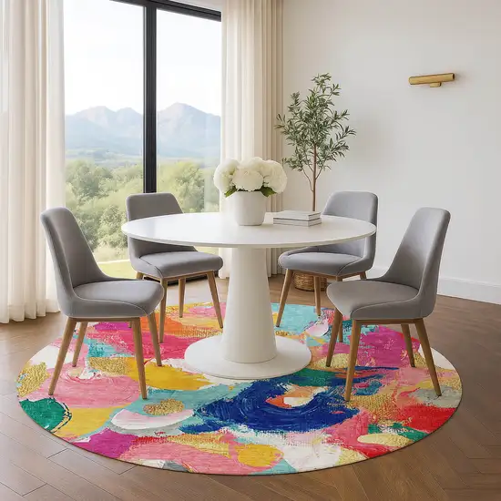 8' Blush Blue And Emerald Abstract Washable Round Rug With UV Protection Photo 5