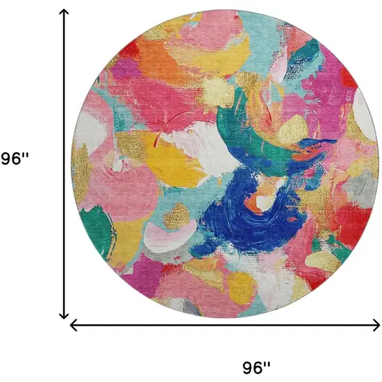 8' Blush Blue And Emerald Abstract Washable Round Rug With UV Protection Photo 9