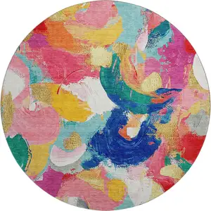 Photo of 8' Blush Blue And Emerald Abstract Washable Round Rug With UV Protection