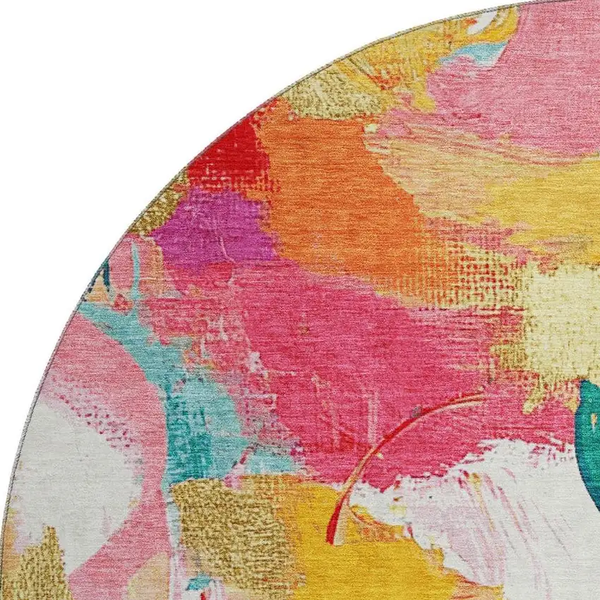 8' Blush Blue And Emerald Abstract Washable Round Rug With UV Protection Photo 4