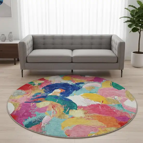 8' Blush Blue And Emerald Abstract Washable Round Rug With UV Protection Photo 2
