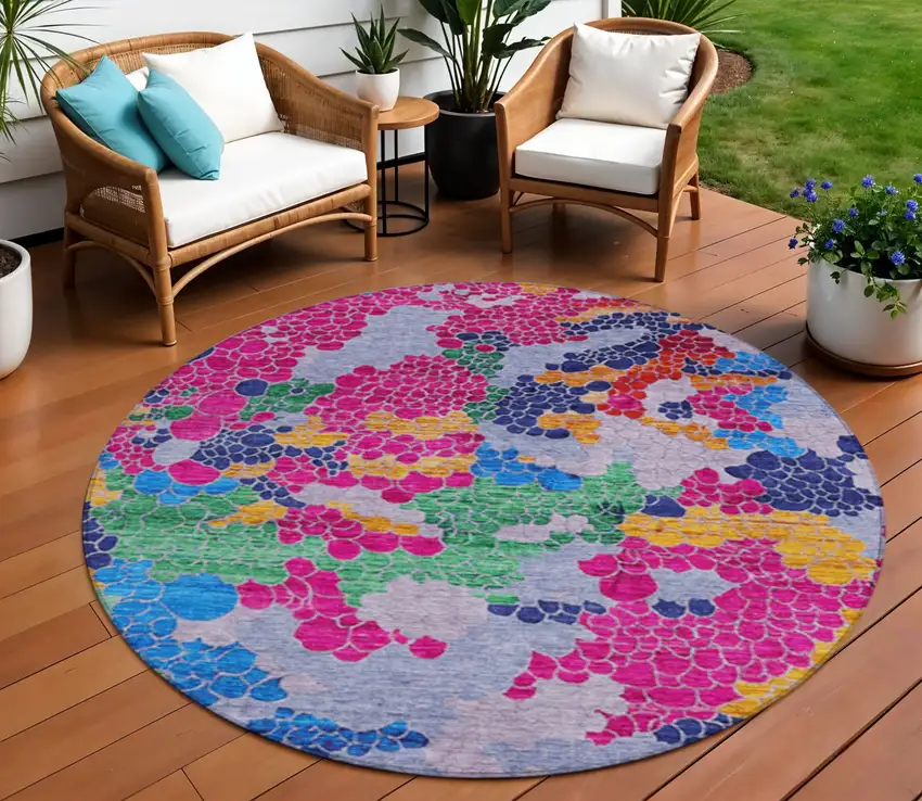 8' Blush Blue And Green Round Geometric Washable Indoor Outdoor Area Rug Photo 2