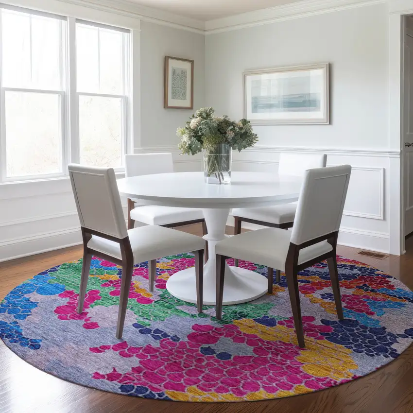 8' Blush Blue And Green Round Geometric Washable Indoor Outdoor Area Rug Photo 6