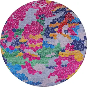 Photo of 8' Blush Blue And Green Round Geometric Washable Indoor Outdoor Area Rug