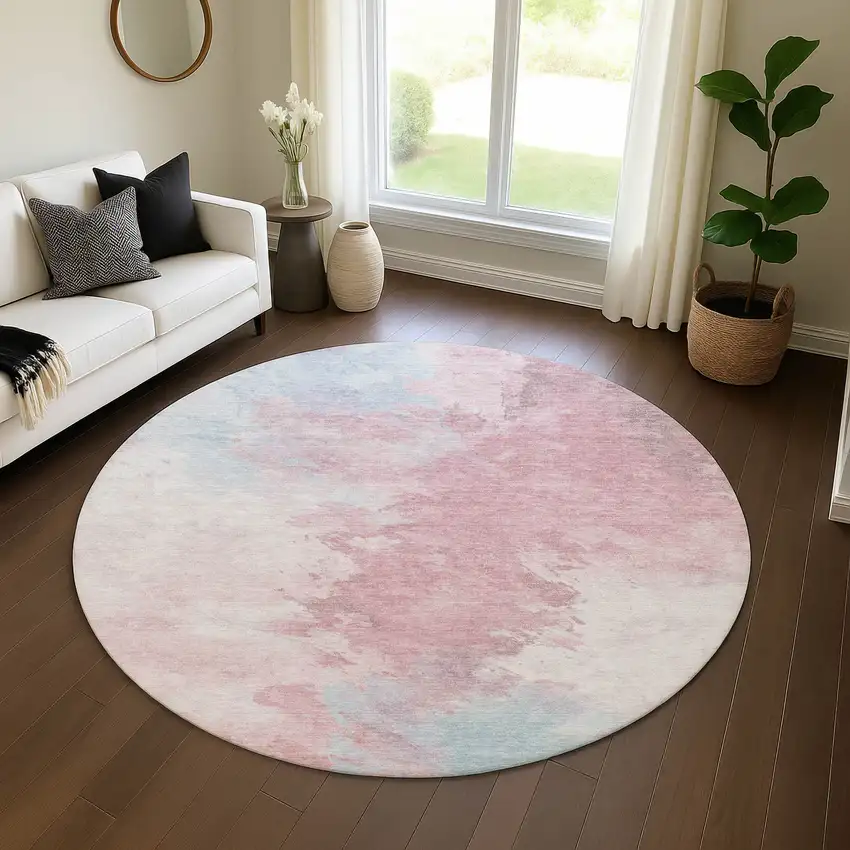 8' Blush Blue And Ivory Abstract Washable Round Rug With UV Protection Photo 3
