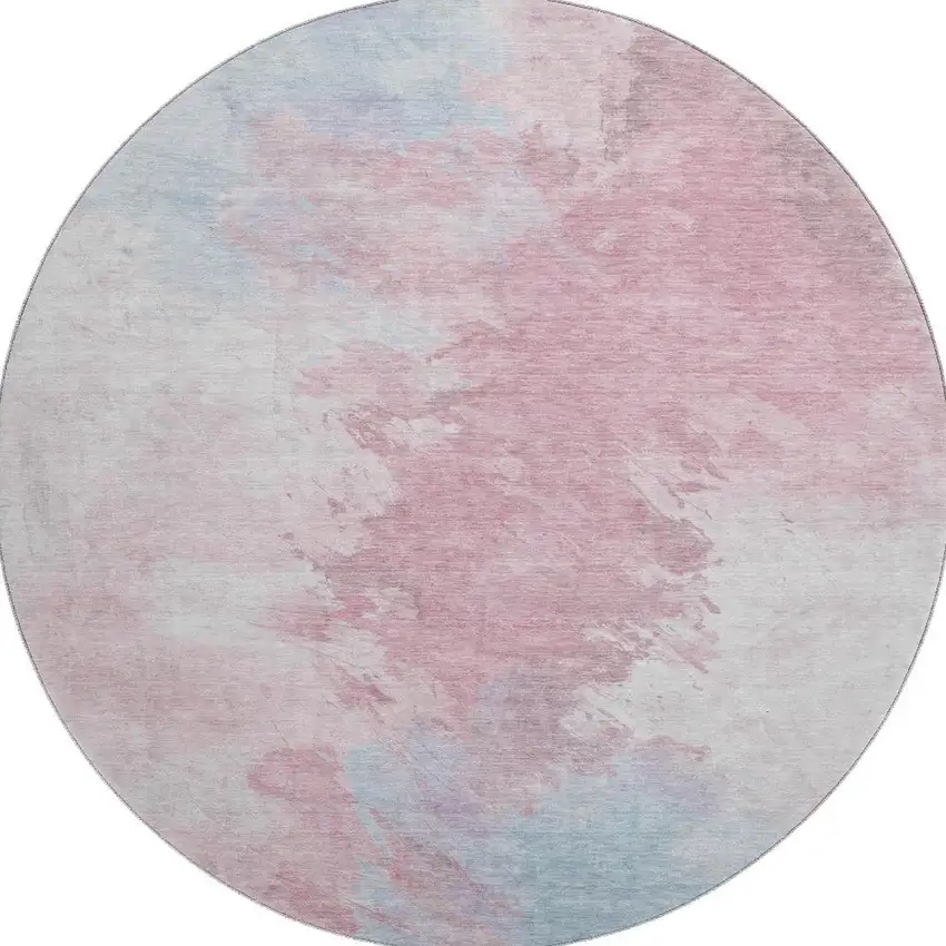 8' Blush Blue And Ivory Abstract Washable Round Rug With UV Protection Photo 3