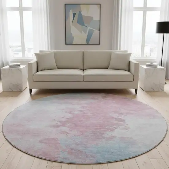 8' Blush Blue And Ivory Abstract Washable Round Rug With UV Protection Photo 2