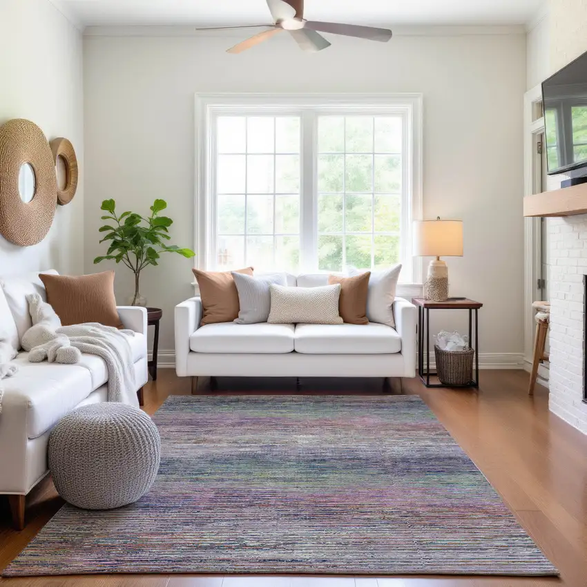 8' Blush Blue And Ivory Striped Washable Area Rug With UV Protection Photo 5